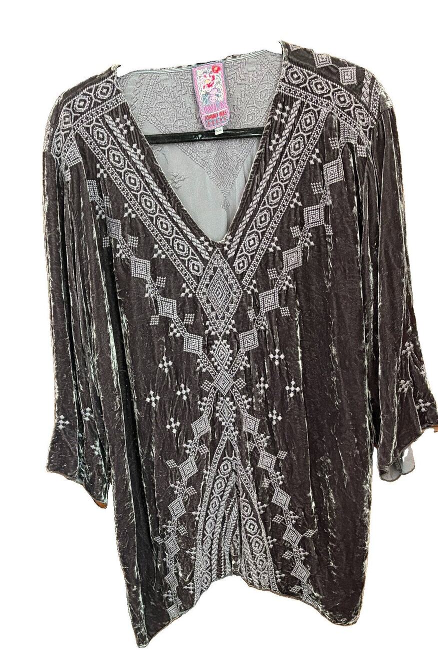 Johnny Was JWLA Brown Velvet 2X Tunic Monochromatic Embroidery Bohemian Boho